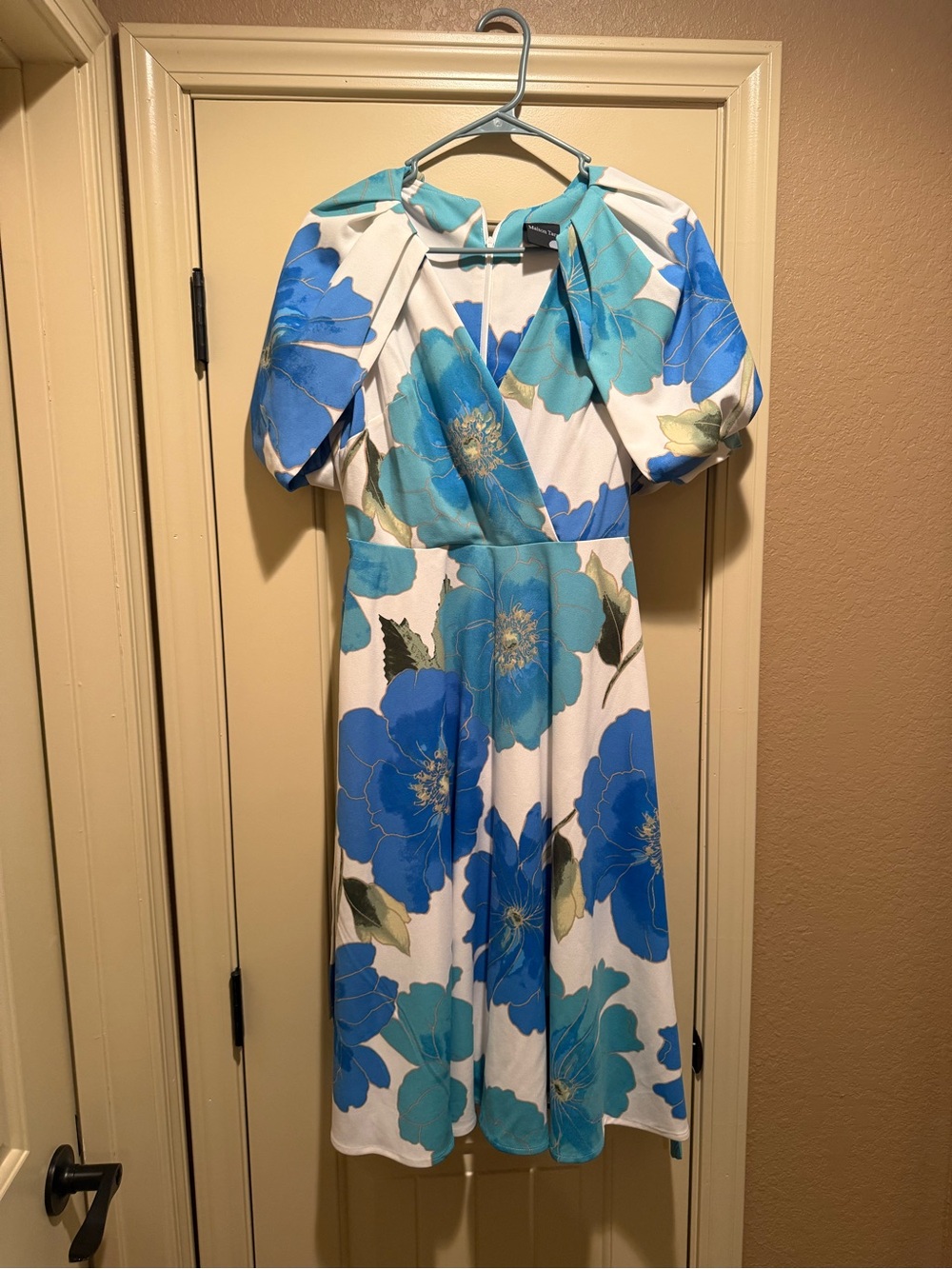 Maison Tara White Midi Dress with Blue Floral Print